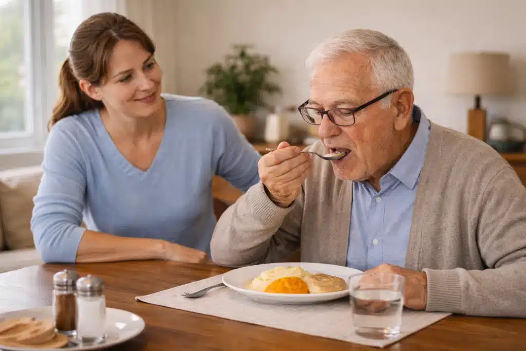 Persona mayor con disfagia siguiendo pautas seguras de alimentación
